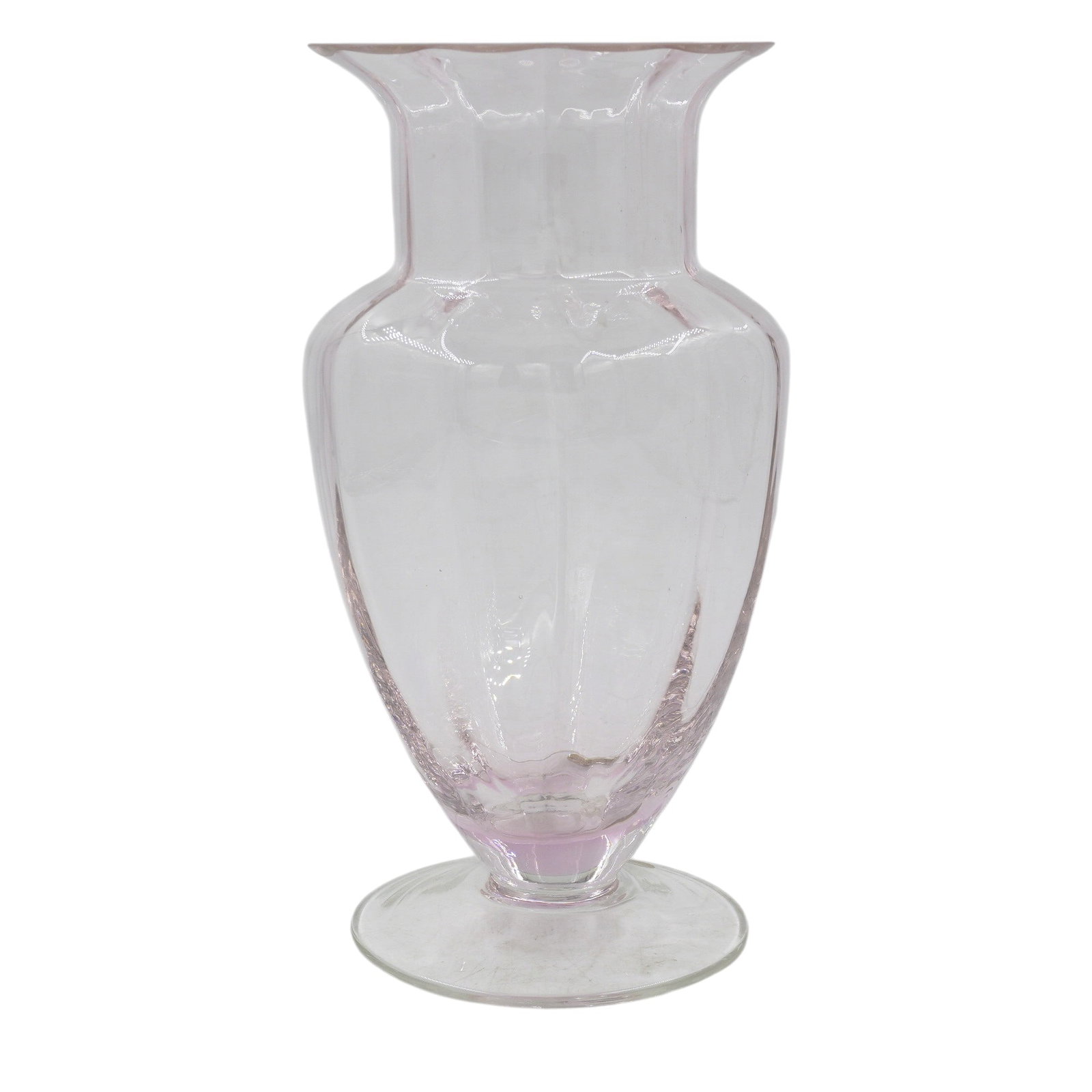 LARGE VINTAGE PINK OPTIC TIFFIN VASE: Large Vintage Pink Optic Tiffin Vase. Measures 5"x5"x9 1/2". Weight 2 lbs .**In house shipping available on this lot** If you win this lot, please select self arranged for in house shipping when payin