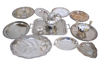 13 PC VINTAGE SILVERPLATE TRAYS, MEAT TRAY TEAPOT +