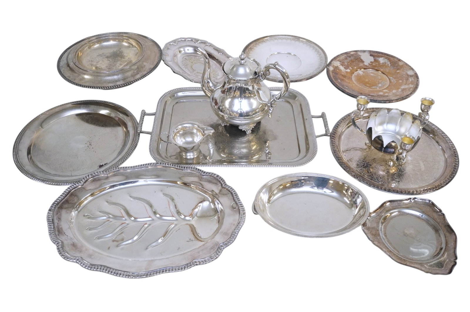 13 PC VINTAGE SILVERPLATE TRAYS, MEAT TRAY TEAPOT + (1 of 1)