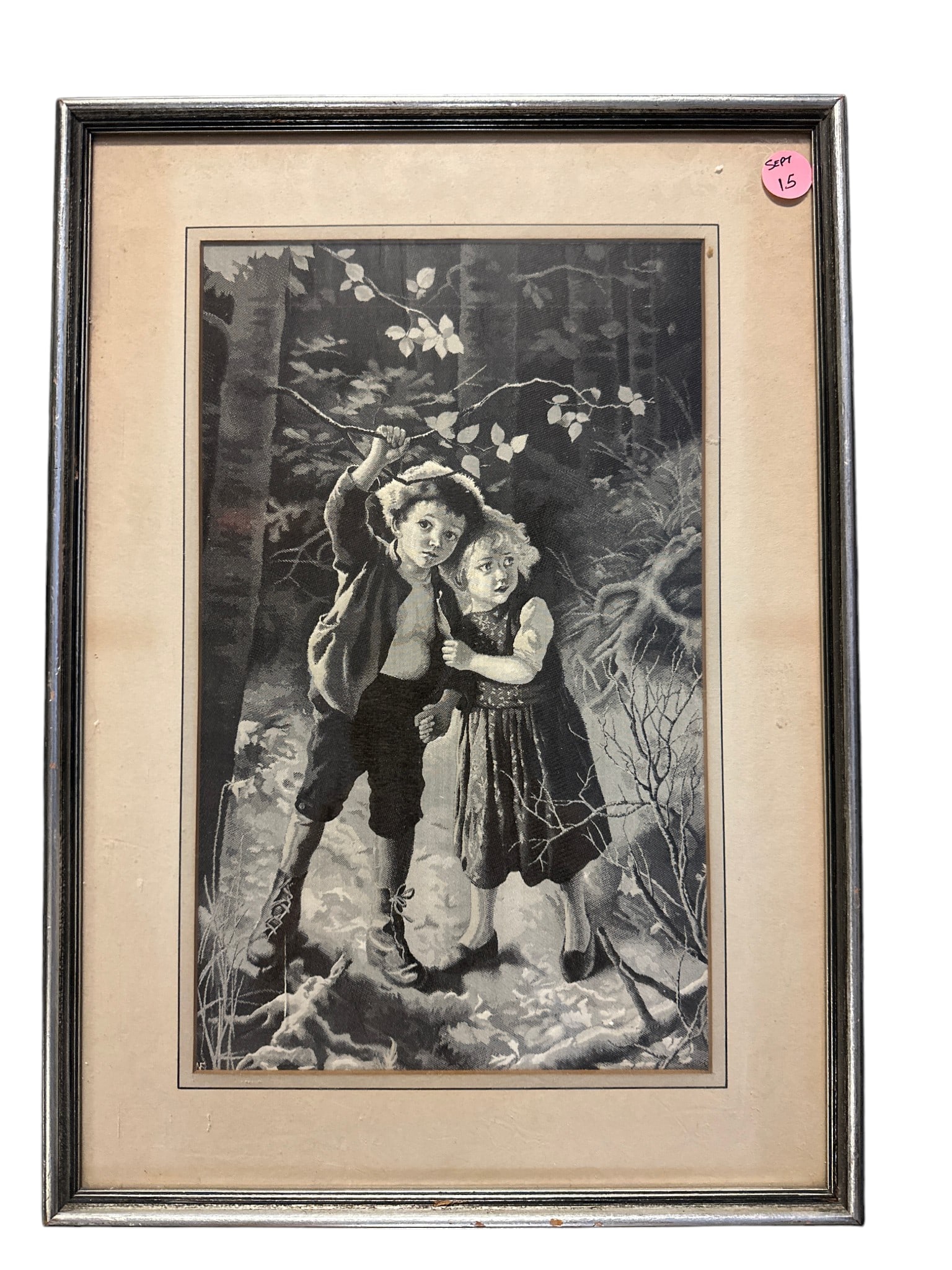 ANTIQUE NEYRET FRERES STEVENRAPH "PERDUS DANS LA FORET": Antique Silk Jacquard Picture crafted by Neyret Freres of France in early 1900's " Perdue Dans La Foret" "Lost in the Forest" Fashioned after the original painting/engraving by Austrian painter, Carl 