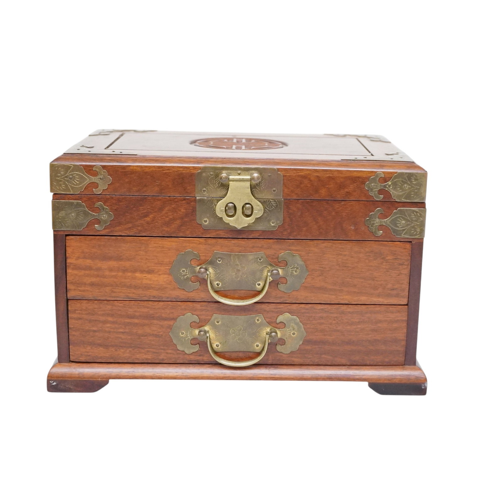 VINTAGE CHINESE ROSEWOOD SHOU JEWELRY BOX: Vintage Chinese Rosewood with Carved Shou Symbol Jewelry Box. Lift Top over 2 drawers. Silk lined with Brass Accants. The Shou character literally means longevity or long life and is considered one of