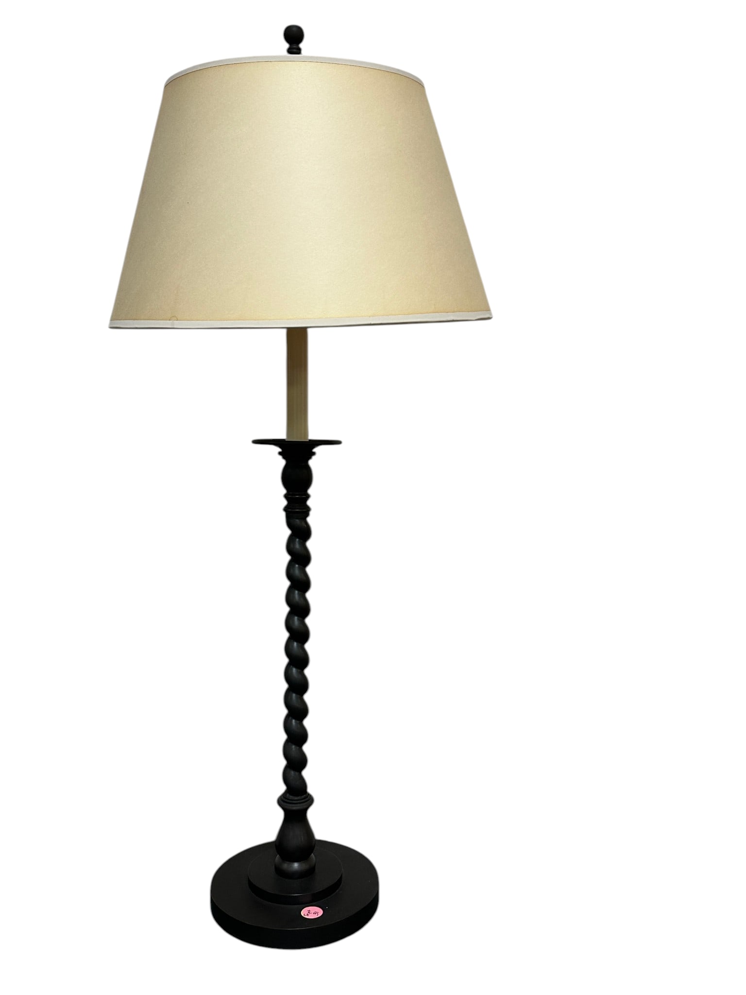 VISUAL COMFORT IRON BARLEY TWIST LAMP: Contemporary Visual Comfort Black Barley Twist Table Lamp. Measures7"x7"x31" Shade 14"x14"x8 1/2". Weight 8 lbs. 2 oz. Provenance:16 Water Street, a beautifully appointed home, circa 1815, located in 