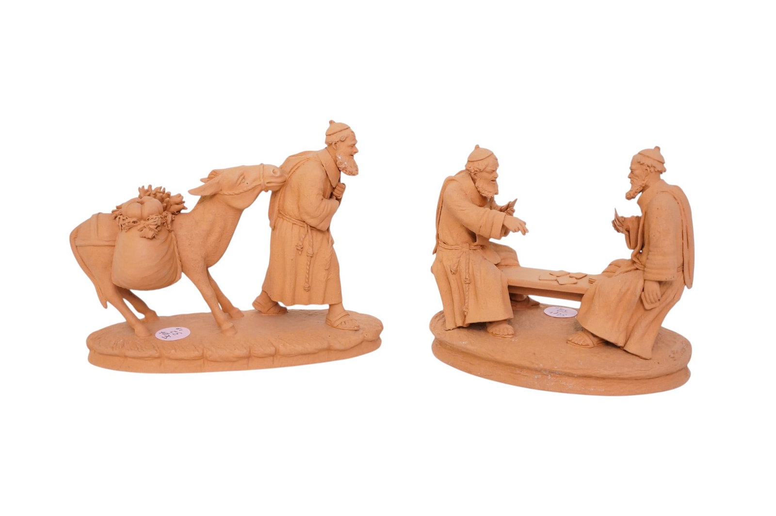 2 PIECE ITALIAN TERRACOTTA SCULPTURE FIGURINES: 2 Vintage Italian Terracotta Sculpture Figurines. A monk with Donkey and 2 Monks playing cards. Both approximately 6 1/2"x3 1/4"x5". Weight 2 lbs. PROVENANCE: The Estate of Dr. Fraser Wilson,