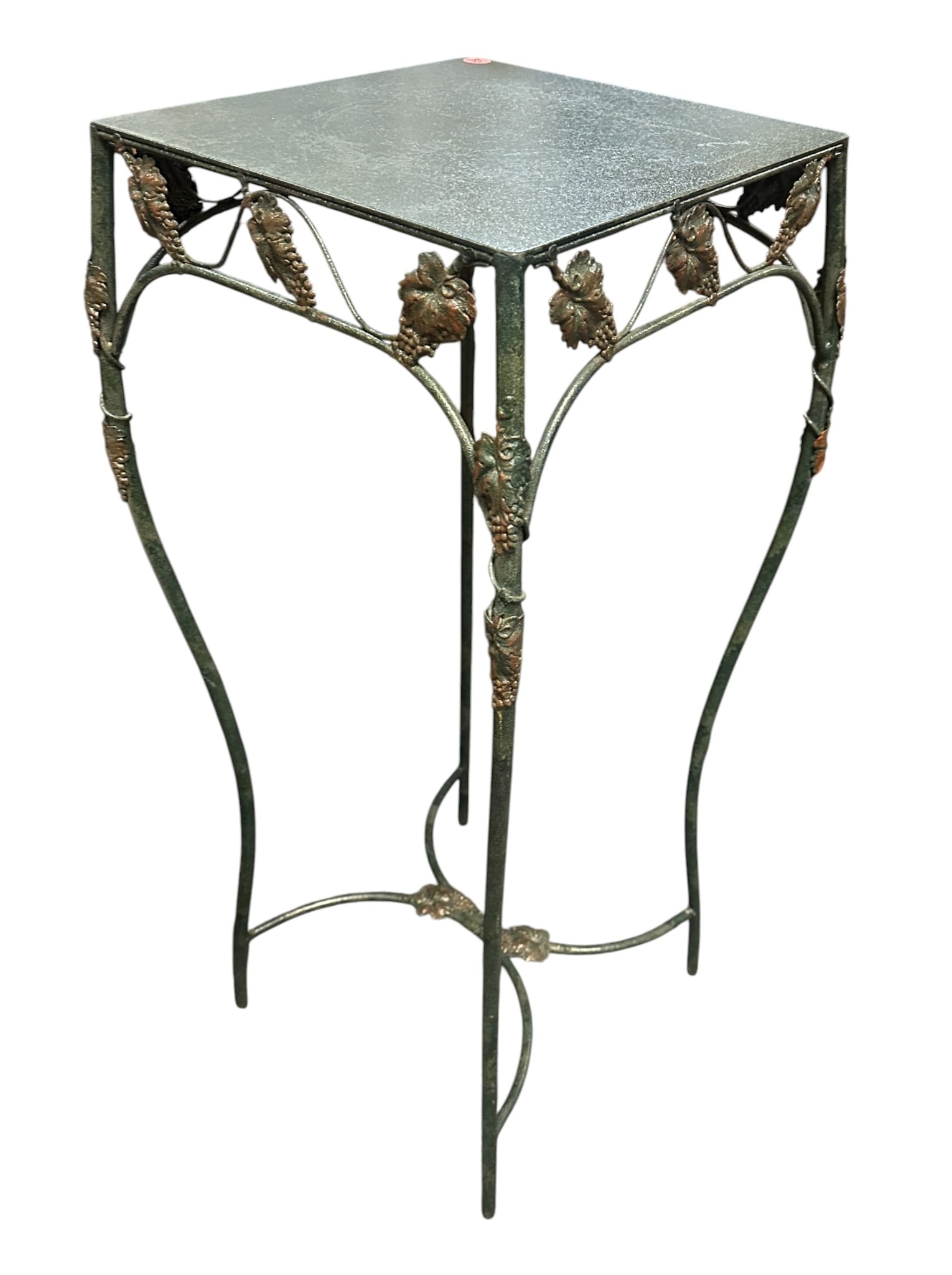 VINTAGE GREEN WROUGHT IRON PLANT STAND: Vintage Ornate Wrought Iron Plant Stand, painted green, featuring grape leaf and vine accents. Measures 14"x14"x37". **In house shipping available on this lot** If you win this lot, please select