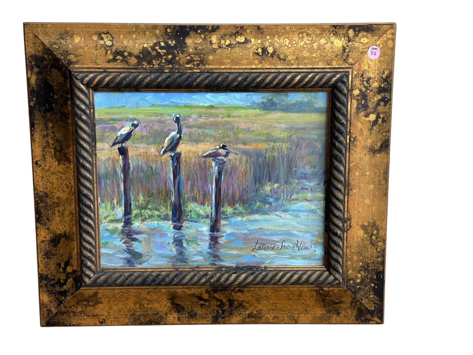 LAURIE SNOW HEIN OIL PAINTING PELICANS APPALACHICOLA: Laurie Snow Hein Original Oil on Canvas Pelicans at Appalachicola, Florida. Laurie Snow Hein is an internationally acclaimed award-winning artist based in Beach Gardens, Florida. She has been creating