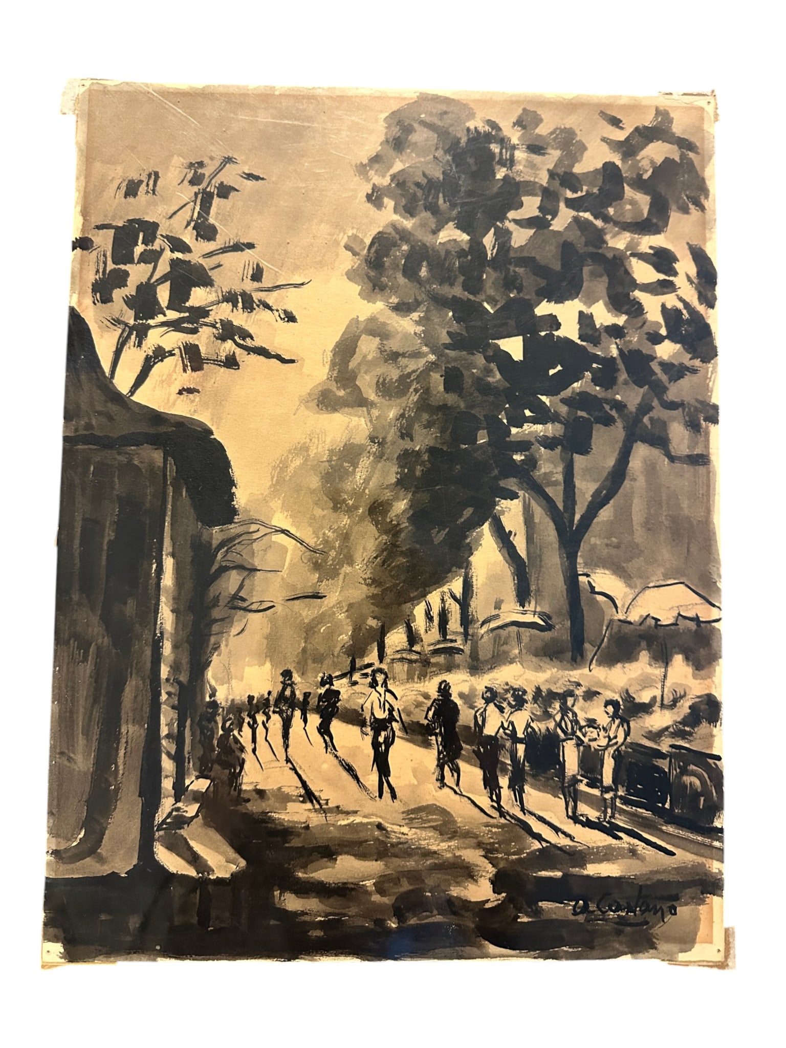 MID CENTURY MONOCHROME INK WASH PARISIAN STREET: Mid Century c1950 Original Monochrome Ink Wash. Monochromatic ink wash with seoia/brown tones. Busy Parisian boulevard scene. Signature hard to read. Measures 13"x9. Weight 6 oz. **In house shipping a
