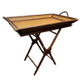 VINTAGE RATTAN & BAMBOO WOVEN BUTLER TRAY ON STAND