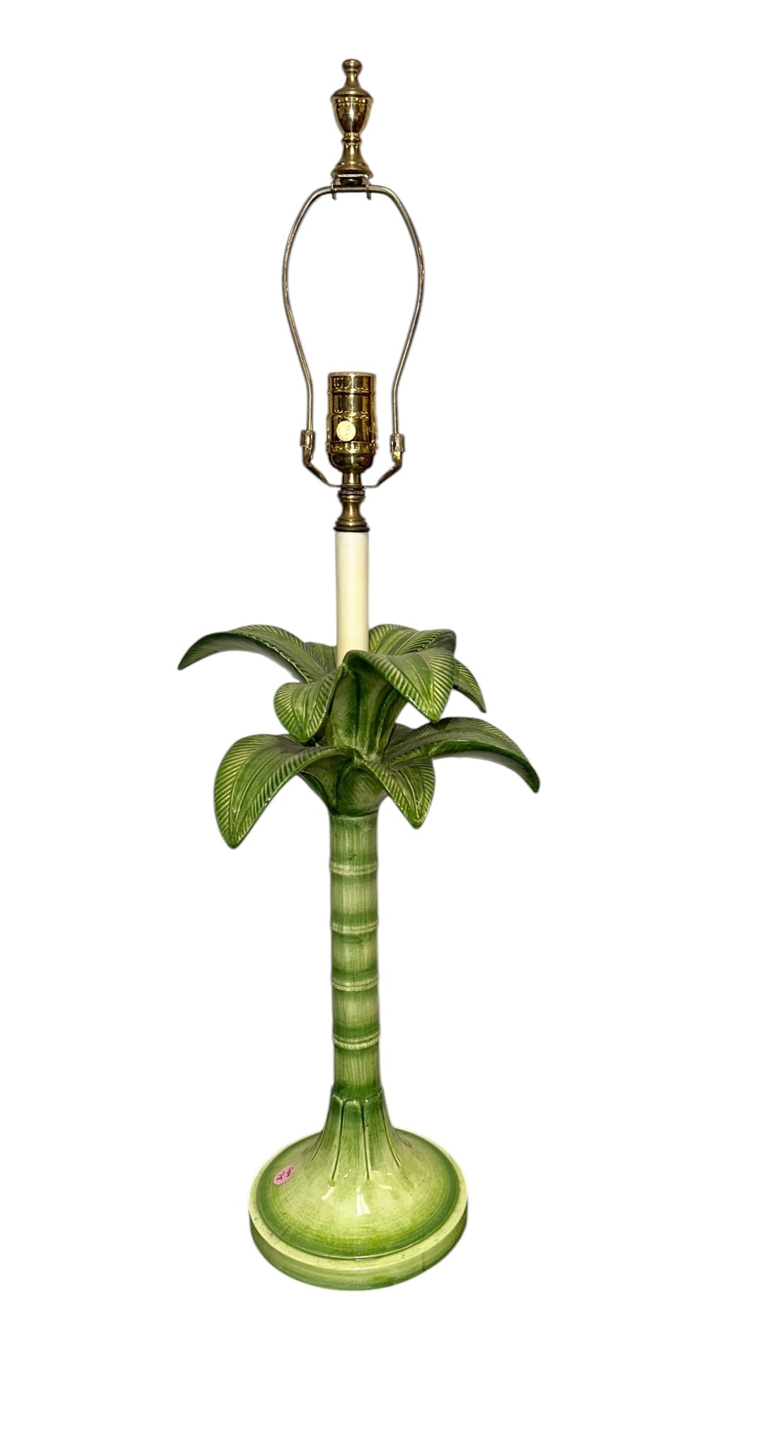 LES OTTOMANS CERAMIC PALM TREE TABLE LAMP: Les Ottomans Large Ceramic Green Glazed Candlestick convertred to Table Lamp. Measures 11"X11"X31". Weight 6 lbs. **In house shipping available on this lot** If you win this lot, please select self ar
