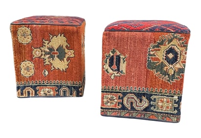 PAIR VINTAGE KILIM UPHOLSTERED OTTOMANS