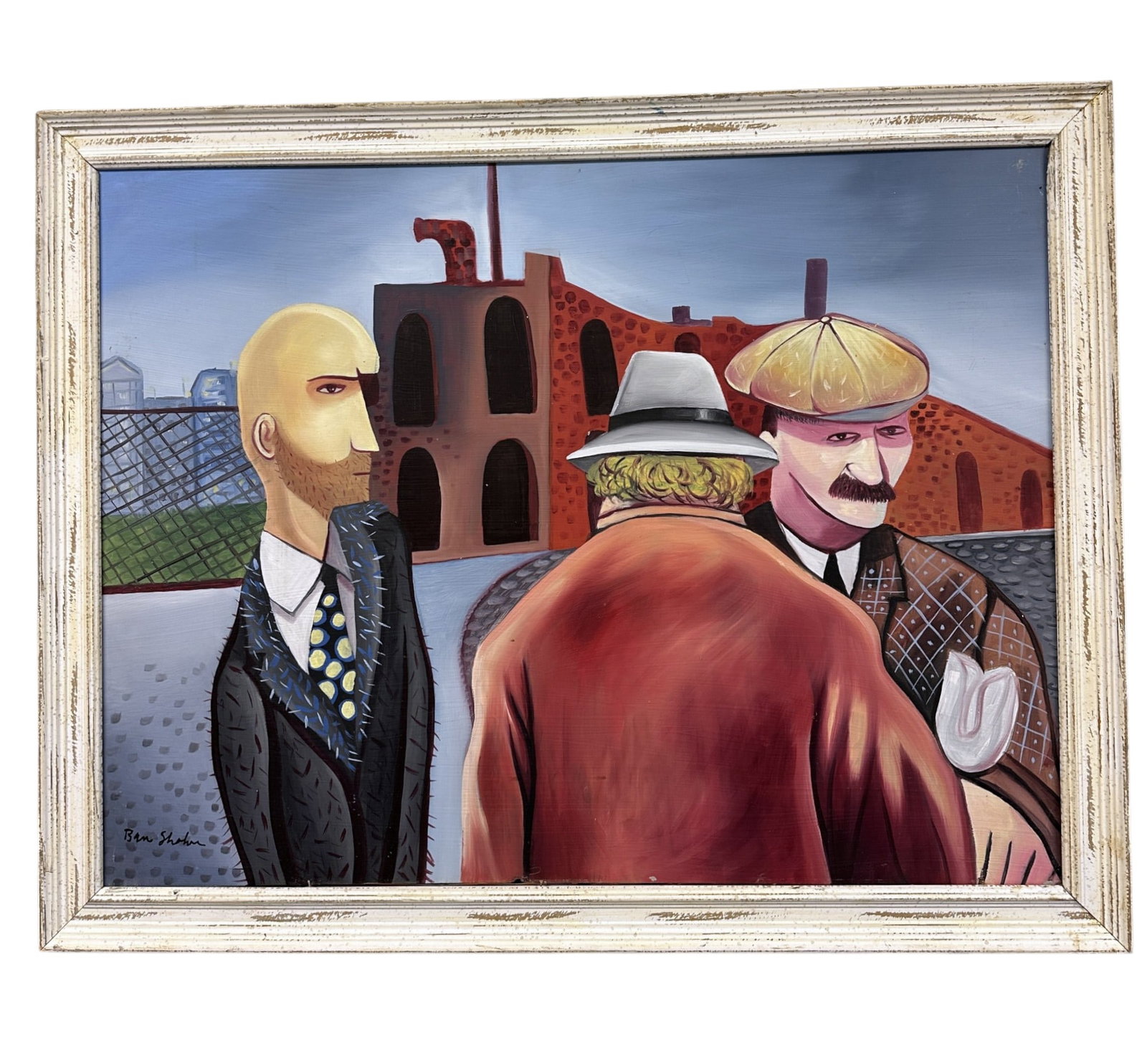 AFTER BEN SHAHN OIL ON BOARD INDUSTRIAL CONVERSATION: Original oil on board painting in the manner of American artist Ben Shahn. We base this attribution on the same medium, style, subject, complexity, and signature used by Shahn. Medium: Oil on masonite