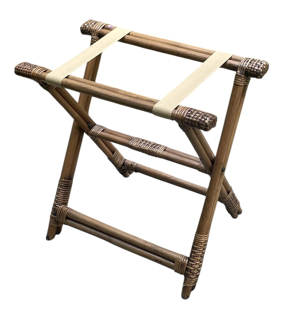 VINTAGE BAMBOO & WOVEN RATTAN FOLDING LUGGAGE RACK (1 of 3)