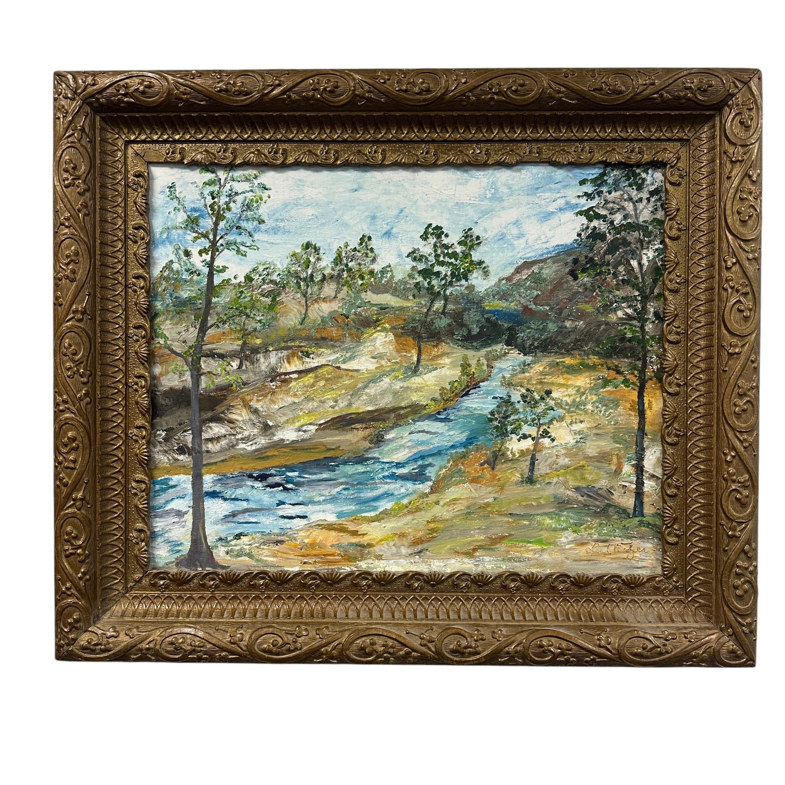 VINTAGE IMPASTO OIL STREAM IN THE OZARKS: .Vintage Impasto Oil on Canvas Landscape. A winding stream in the Ozarks. Signed lower right. Signature illigible. In vintage carved wood and gesso frame. In frame measures 25"x22"x2". Weight 5 lbs. *