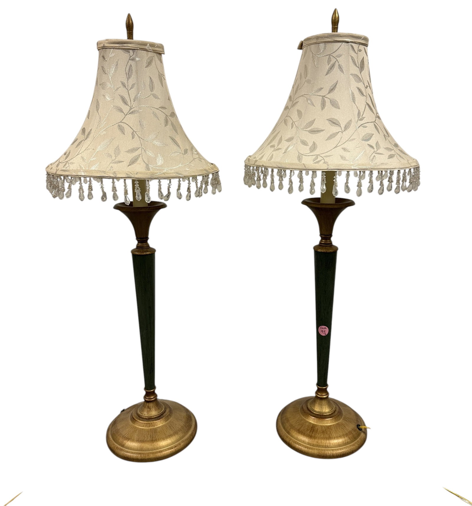 PAIR VINTAGE SAGE GREEN AND BRASS CANDLESTICK LAMPS (1 of 4)