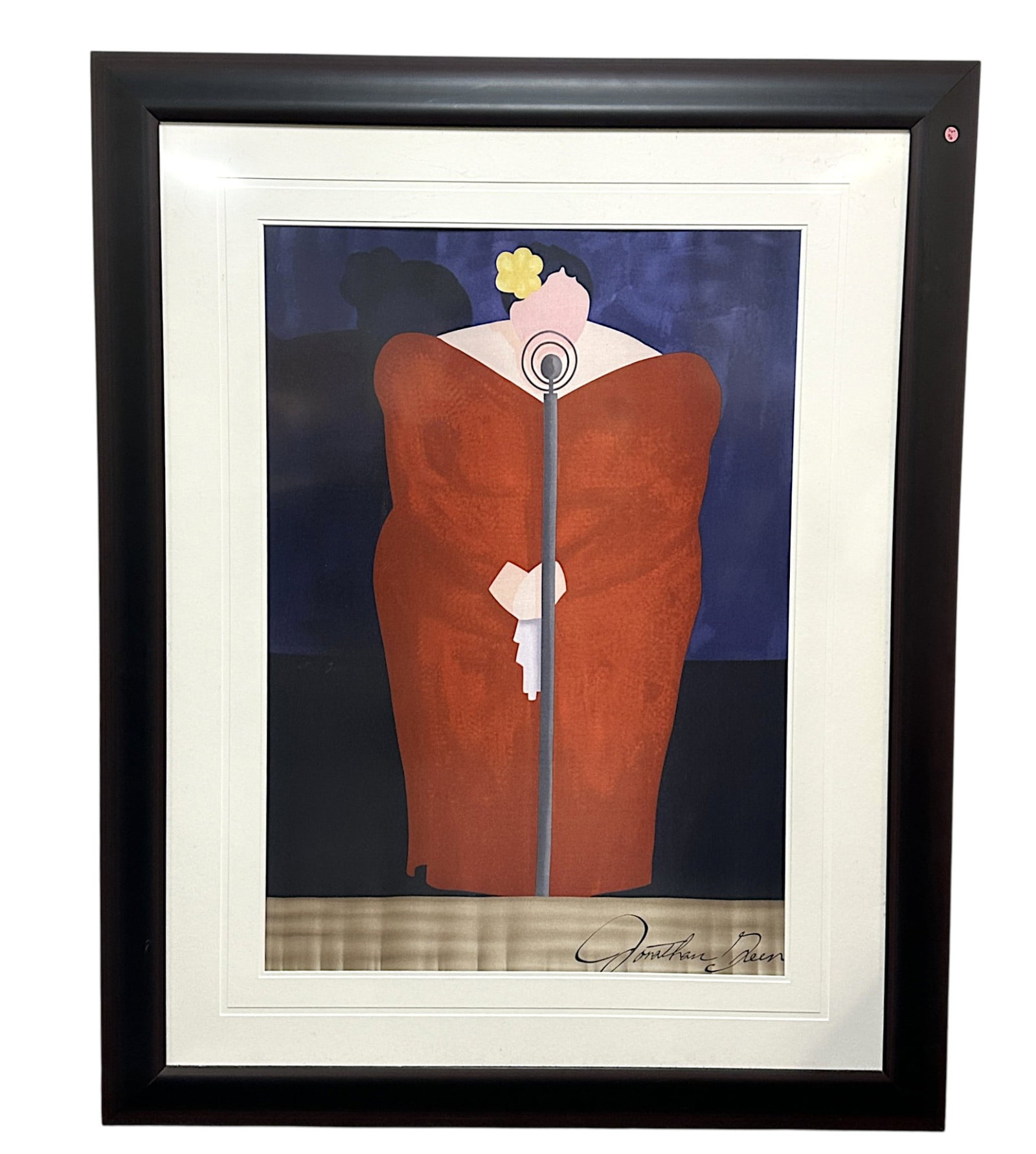 LARGE JONATHAN GREEN FRAMED BESSIE MAE SILK SCARF: Large Professionally Framed.Jonathan Green ?Bessie Mae Sings the Blues? Silk Scarf. The scarf is a 100% silk reproduction of Green?s lithograph/linocut Bessie Mae. It measures about 30" x 40" and is d
