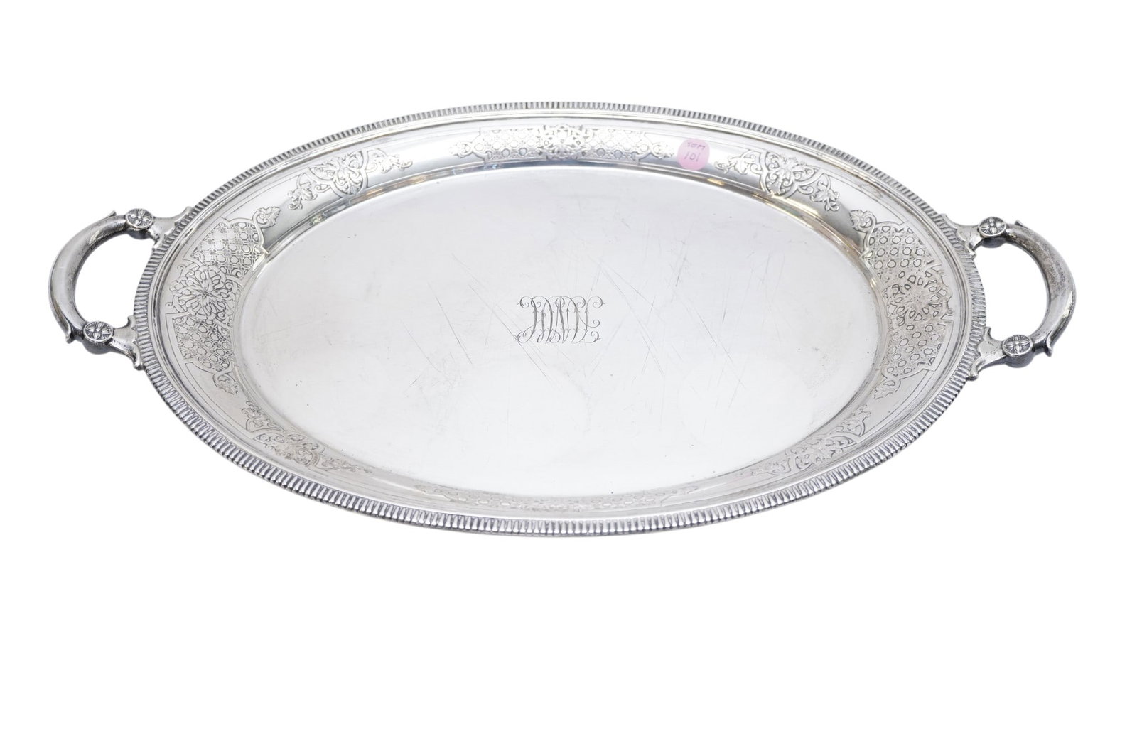 GORHAM ART NOUVEAU STERLING SILVER ANTIQUE TRAY: Antique Art Nouveau Ornate Gorham Sterling Silver Tray. Retailed at J.C. Grogan & Co. Jewelers and Silversmiths. Monogrammed. Measures 20 1/2"x12"x1 1/2". Approximate silver weight 1380 grams. Provena