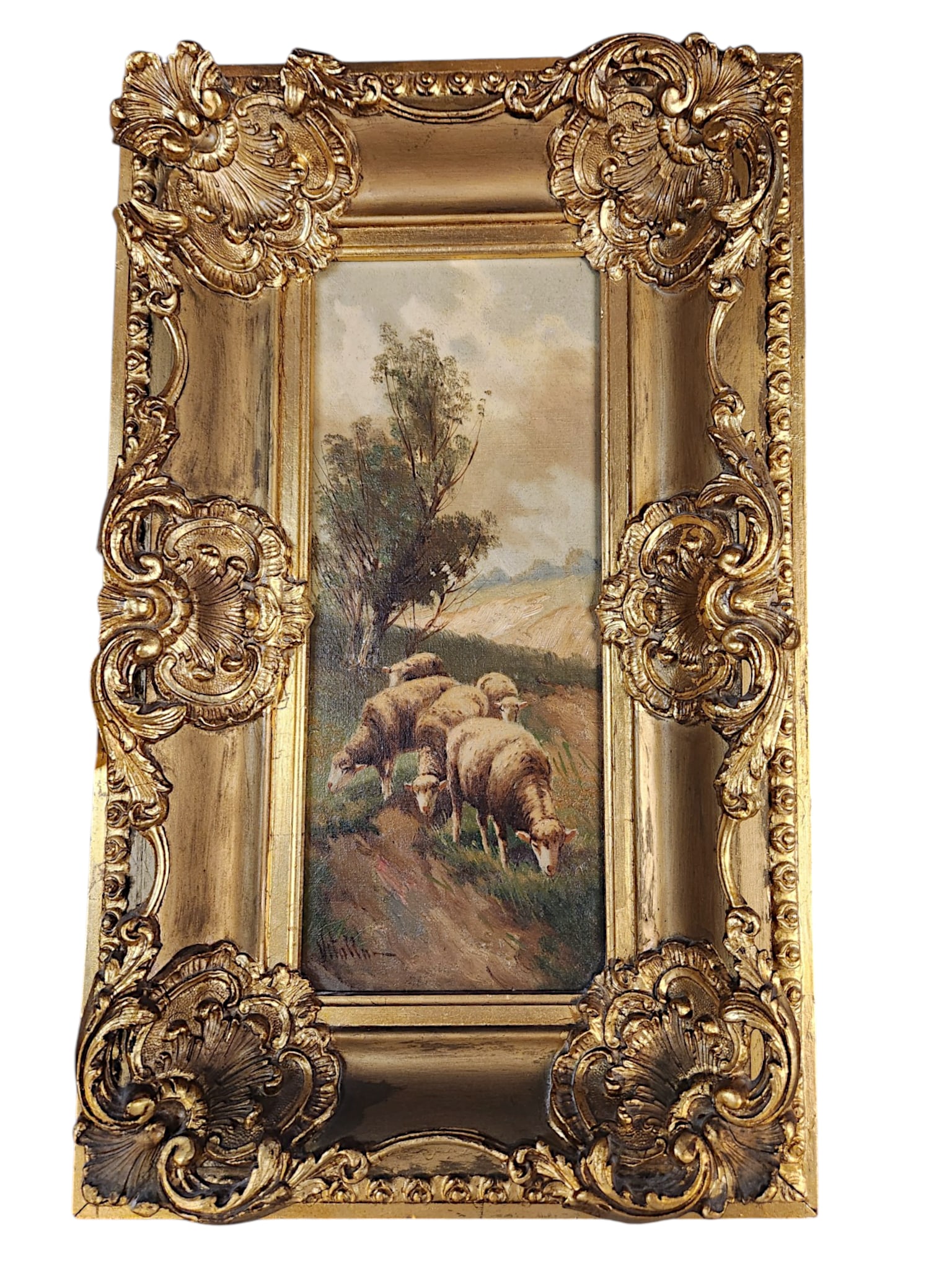19th c OIL ON CANVAS PASTORAL SHEEP GRAZING J VITROLLA: Antique Oil Painting on Canvas. Pastoral sheep grazing. Signed Vitrolla. In ornate carved wood and gesso gilt frame. 21"x13"x2 1/2". Weight 4 lbs. J. Vitolla was an Italian artist active in the late 1