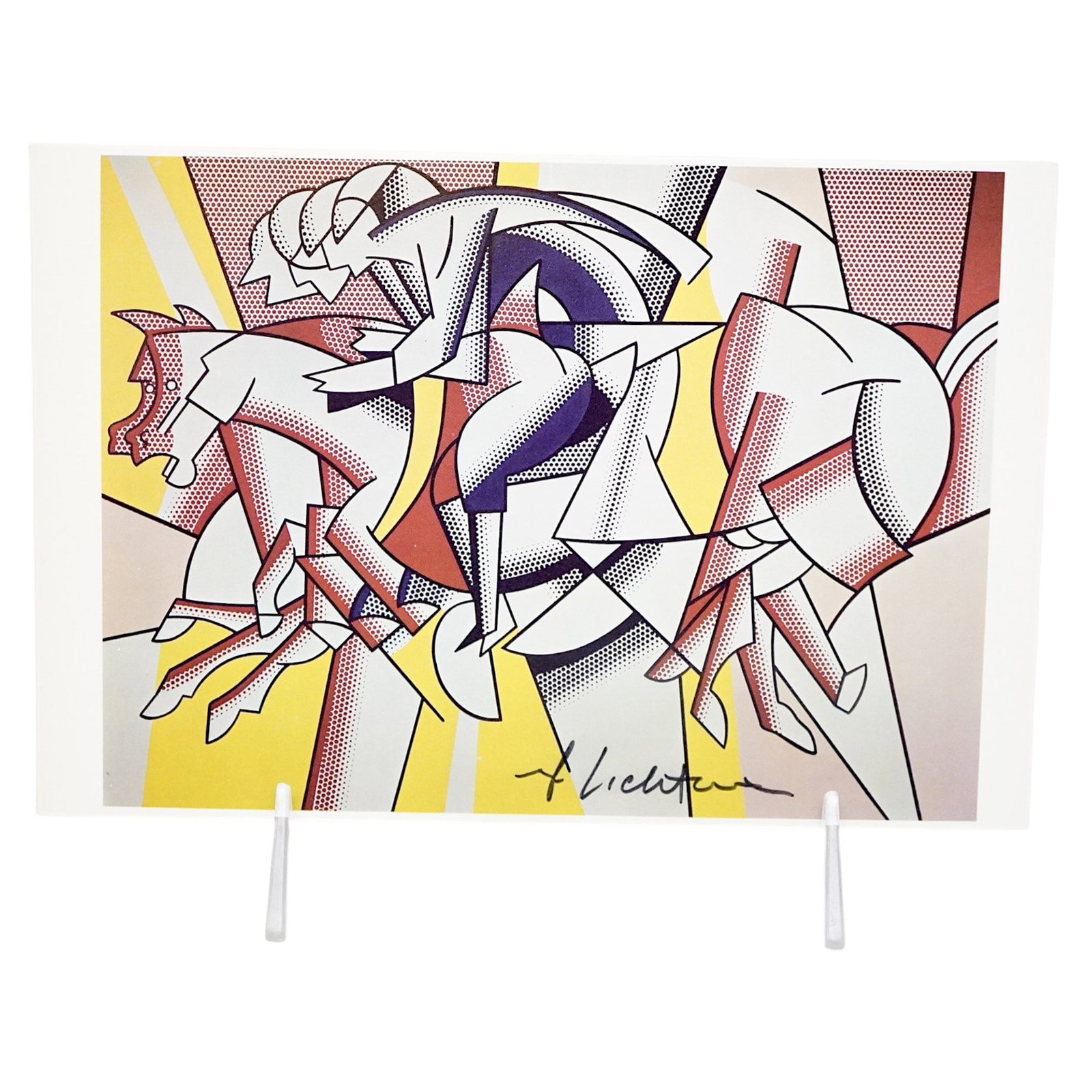 ROY LICHTENSTEIN SIGNED 1975 EXHIBITION ANNOUNCEMENT: Roy Lichtenstein marker signed 1975 exhibition announcement from Leo Castelli . Features his "the Red Horsemen" image. 9" x 6". In good condition, light age toning. Weight 1 oz. Signature has not