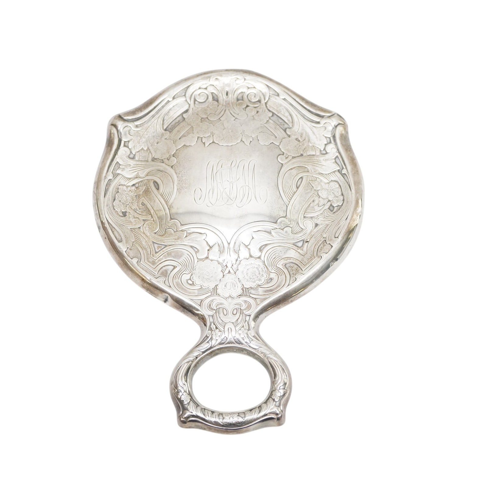 ART NOUVEAU STERLING SILVER HAND MIRROR: Antique Art Nouveau Sterling Silver Hand Mirror from R. Blackinton & Co. Beveled Mirror. Measures 5 1/2"x8"x1/2" Weight approx 10 oz. Provenance:16 Water Street, a beautifully appointed home, circa 18