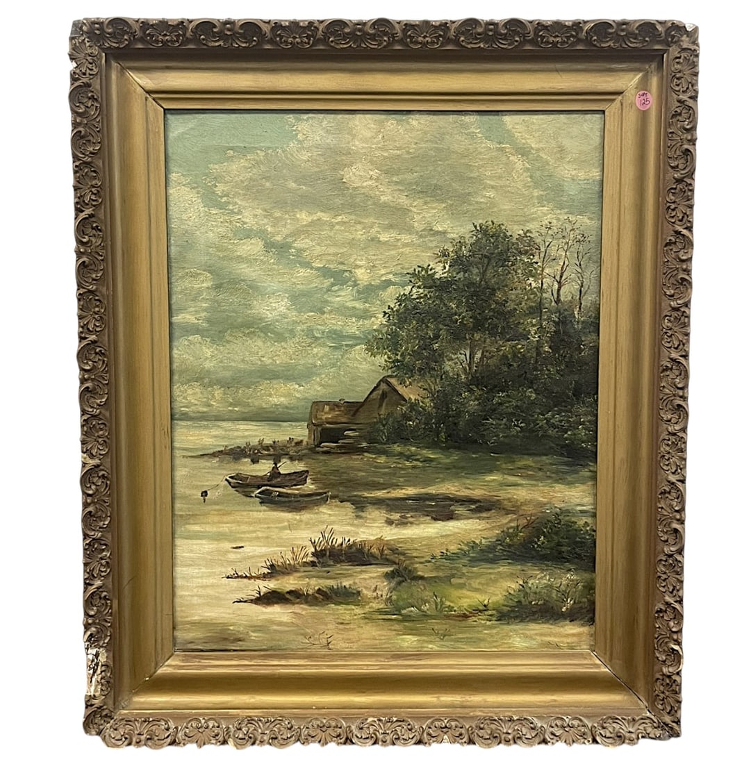19th c OIL ON CANVAS BUCOLIC RIVERSIDE WITH BOATS: Late 19th c Oil on Canvas Bucolic Riverside Scene with Cottage and small skiffs. Unsigned. In frame measures 29"x24"x2". Weight 7 lbs. **In house shipping available on this lot** If you win this lot,