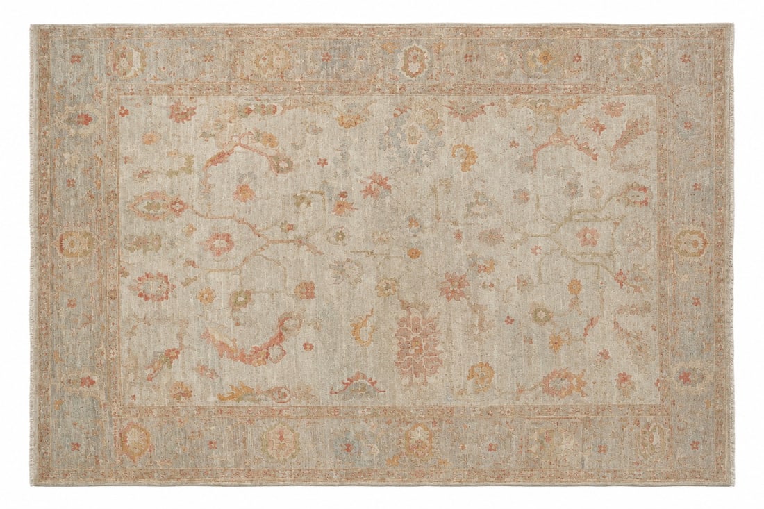LARGE HAND KNOTTED ANGORA TURKISH OUSHAK RUG 12 FT: Large Hand Knotted Angora Turkish Oushak Rug. Measures 8'11"x12'3". Provenance:16 Water Street, a beautifully appointed home, circa 1815, located in the heart of the Charleston, SC historic district.