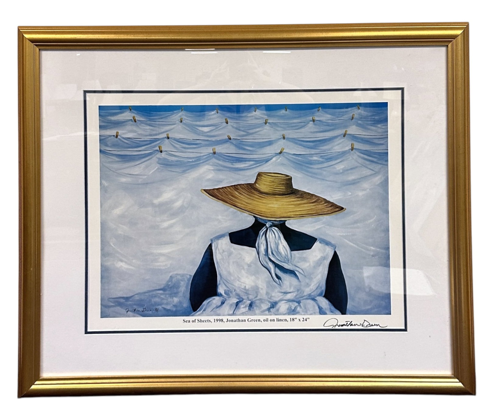 JONATHAN GREEN SEA OF SHEETS SIGNED PRINT: Jonathan Green "Sea of Sheets" Hand Siigned Print. Professionally framed. In frame measures 32"x38"x1 1/4". Weight 13 lbs. Provenance:16 Water Street, a beautifully appointed home, circa 1815,