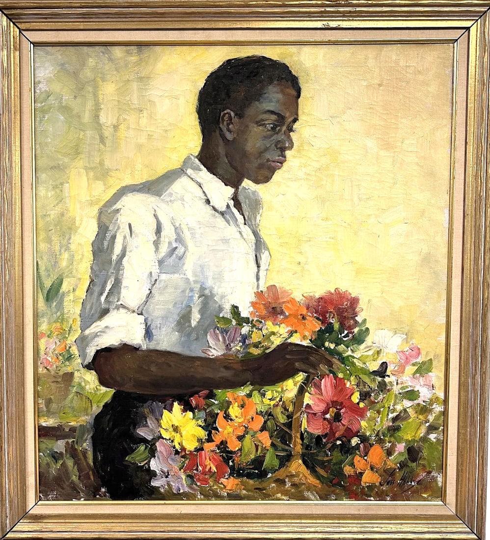 JESSE CARL HOBBY (1871-1938) OIL PORTRAIT MAN WITH FLOWERS: Jesse Carl Hobby (Illinois, 1871-1938) Portrait of a Man with Flowers Oil on Canvas. A noted Illinois artist, in 1935 Hobby was awarded The All-Illinois Society of the Fine Arts' first gold medal for 