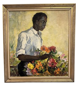 JESSE CARL HOBBY (1871-1938) OIL PORTRAIT MAN WITH FLOWERS