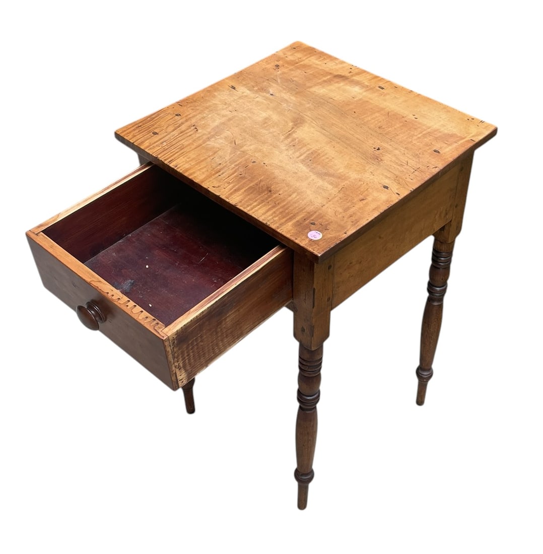 19TH C ANTIQUE TIGER MAPLE ONE DRAWER WORK TABLE - 3