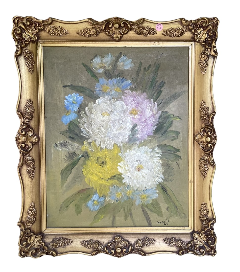 MID CENTURY 1966 MUMS IMPASTO OIL PAINTING: Mid Century Impasto Oil of a Mums Bouquet. Signed lower right Hassie and dated 1966. In ornate gilt wood frame. In frame measures 25"x21"x2". Weight 5 lbs. **In house shipping available on this lot**