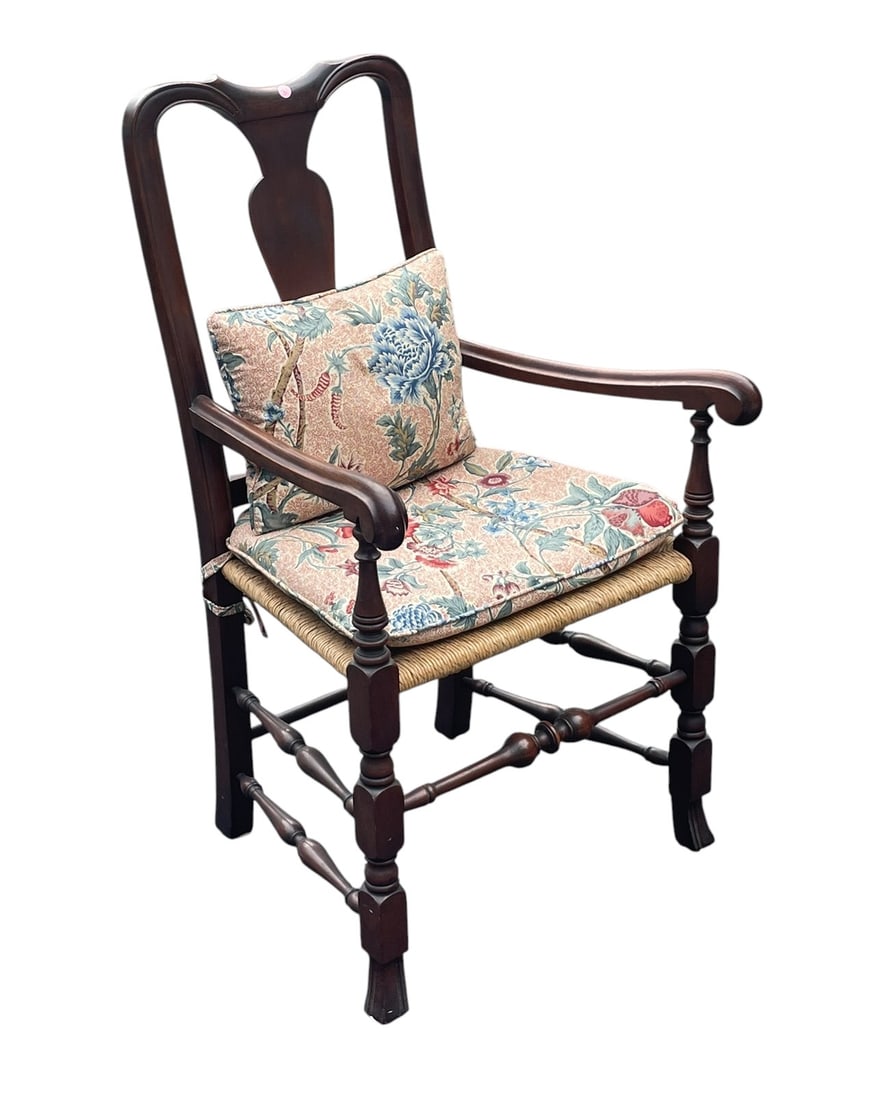 18th c NEW HAMPSHIRE QUEEN ANNE ARM CHAIR RUSH SEAT (1 of 6)