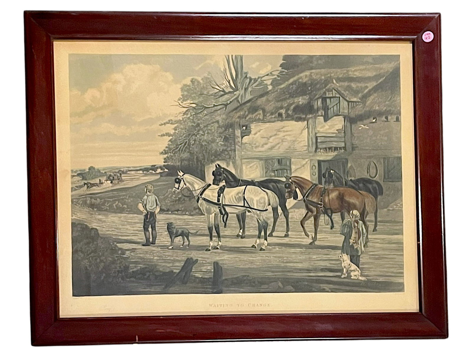 ANTIQUE HENRY THOMAS AIKEN HAND COLORED ENGRAVING: Antique 19th c. Henry Thomas Aiken Hand Colored Engraving "Waiting to Change". Professionally framed. In frame measures 24"x30"x1". Weight 7 lbs. Provenance:16 Water Street, a beautifully appointed ho