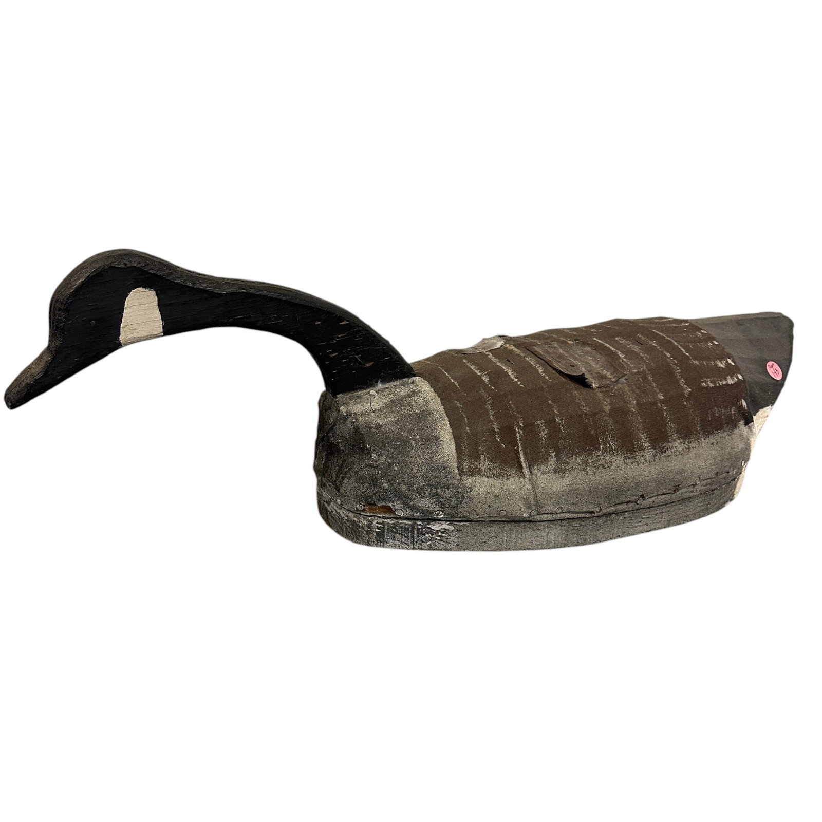 ELLIE SAUNDERS (1884-1969) CANADA GOOSE DECOY POPLAR BRANCH NC: Ellie Saunders (1884-1969) Poplar Branch, NC Canada Goose Decoy, Canvas Over Wire from the Personal Collection of Bob Timberlake, Lexington, North Carolina Working decoy with patches & repairs, 2 wood