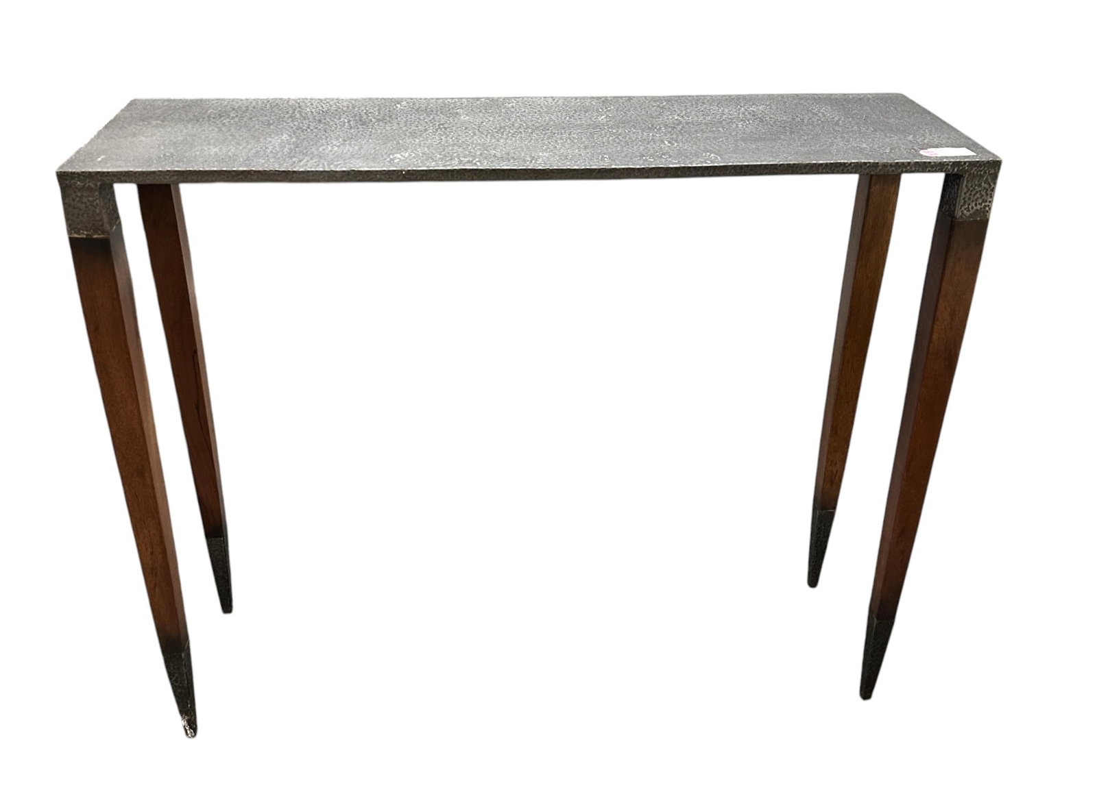 SARREID BURNFORD CONSOLE TABLE: Sarreid Burnford Console Table with Old Iron finish and Walnut Legs. Measures 30"x10"x36 1/4" high. Provenance:16 Water Street, a beautifully appointed home, circa 1815, located in the heart of the Ch