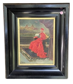 19th c OIL ON BOARD CARDINAL WITH MANUSCRIPT