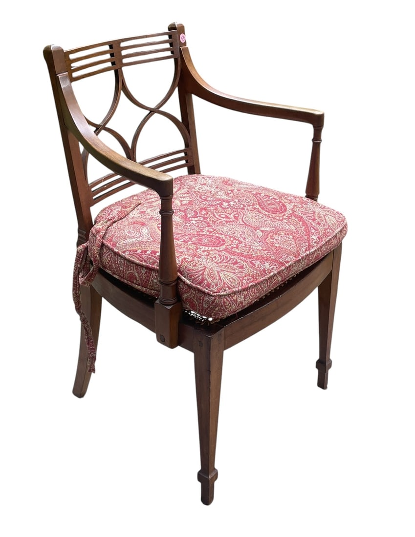 GOOD REGENCY ARMCHAIR WITH CANE SEAT: A Good Regency Armchair with Cane Seat and Elegant Arched Cross-back Design. Measures 19 1/2"x18"x33" tall. Provenance:16 Water Street, a beautifully appointed home, circa 1815, located in the heart