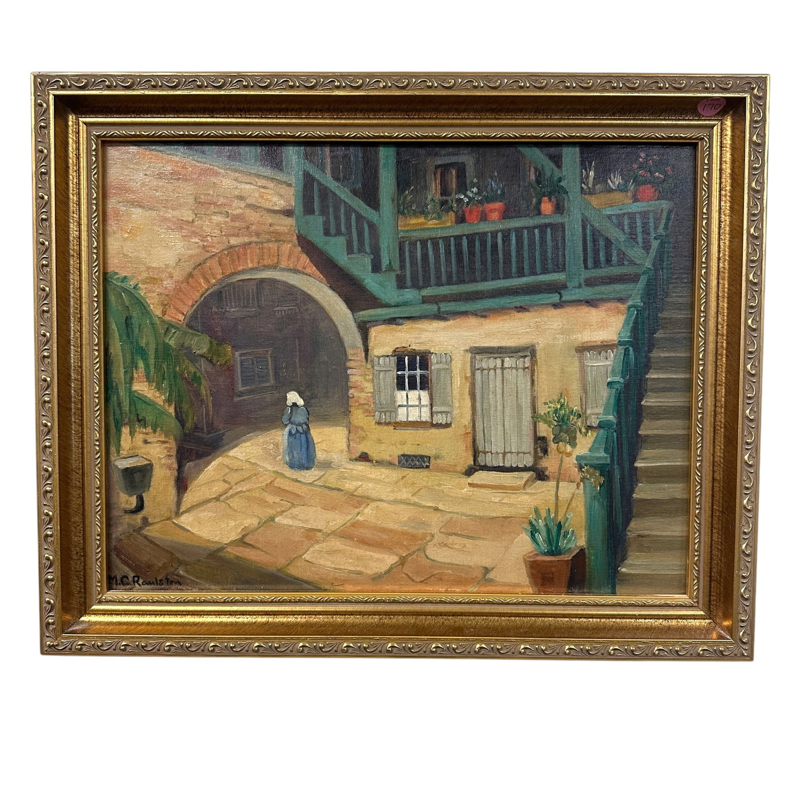 MARION CHURCHILL RAULSTON (1883-1955) CALIFORNIA COURTYARD OIL: Marion Estelle Churchill Raulston (1883-1955) oil on academy board California Courtyard. Marion Churchill was the daughter of a prominent banker in Great Falls. She received her early education at