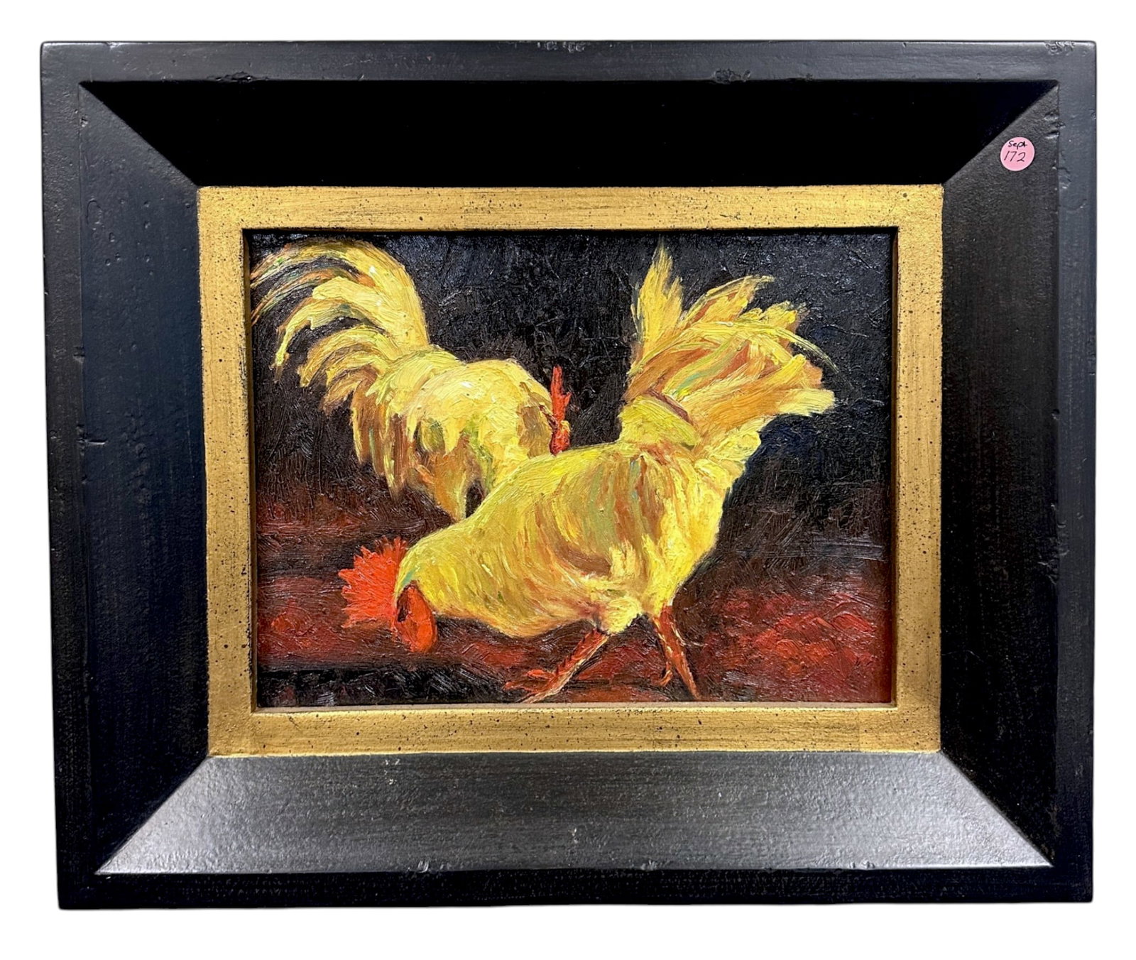 ORIGINAL ROOSTERS (GAMECOCKS) OIL ON CANVAS FRAMED: Original Oil on Canvas "Roosters" with COA. GO GAMECOCKS! In contemporary black wood frame. In frame measures 20 1/2"x24"1/2"x3" Weigh 6 lbs, **In house shipping available on this lot** If you win