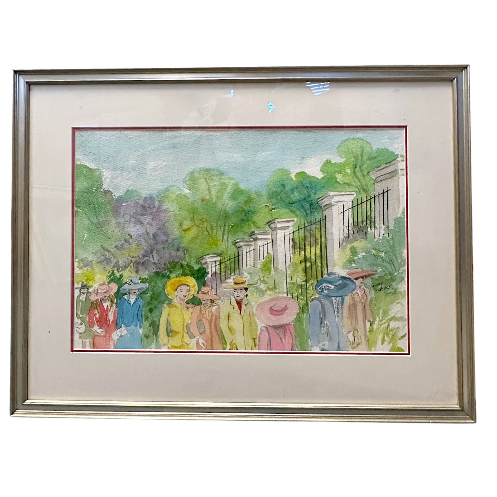 ORIGINAL GINNY HANCOCK WATERCOLOR CHARLESTON CHURCH LADIES: Original Helen “Ginny" Virginia Hancock Watercolor ""Charleston Church Ladies", signed lower right. Framed. In frame measures 23"x30"x1". Weight 8 lbs. Helen “Ginny" Virginia Hancock (September