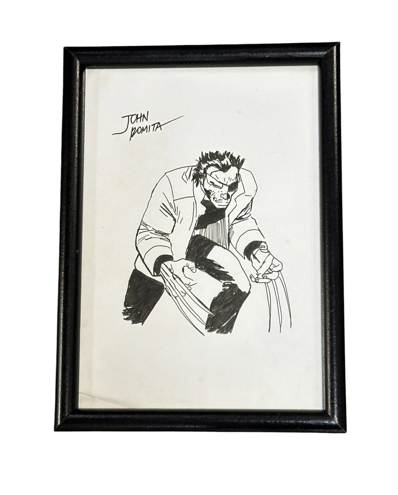 WOLVERINE INK SKETCH AFTER JOHN ROMITA: Wolverine Ink Drawing on Paper after John Romita. Measures 7 1/4" X 10 3/4", In frame 8 1/2"x11 3/4"x1". Weight 1 lb 1 oz. **In house shipping available on this lot** If you win this lot, please
