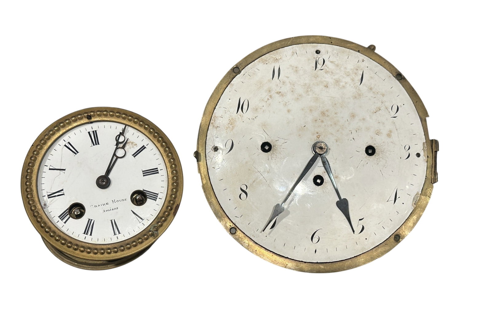 2 ANTIQUE FRENCH ENAMEL DIAL STRIKING MOVEMENTS: Two late 19th-century French dial striking movements. Keys included for both. Largest measures 6.5", smaller dial movement 4". Combined weight approximately 4 lbs. ** If you win this lot, please