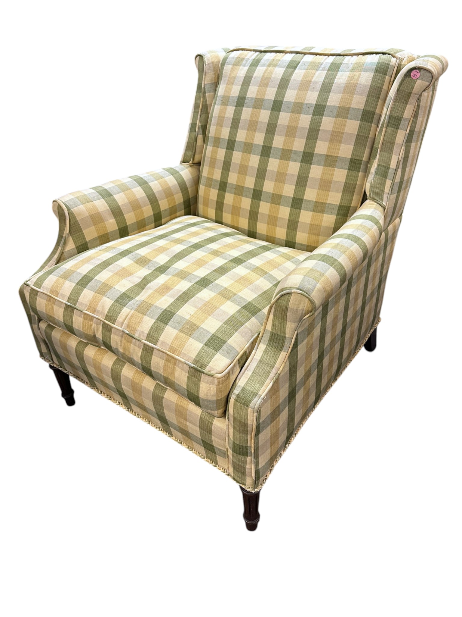 TRADITIONAL WINGBACK ARMCHAIR SAGE GREEN PLAID: Vintage Traditional Wingback Chair upholstered in a sage green, beige and yellow plaid fabric with rolled arms. Measures 31"x29 1/2"x32" high. Provenance:16 Water Street, a beautifully appointed