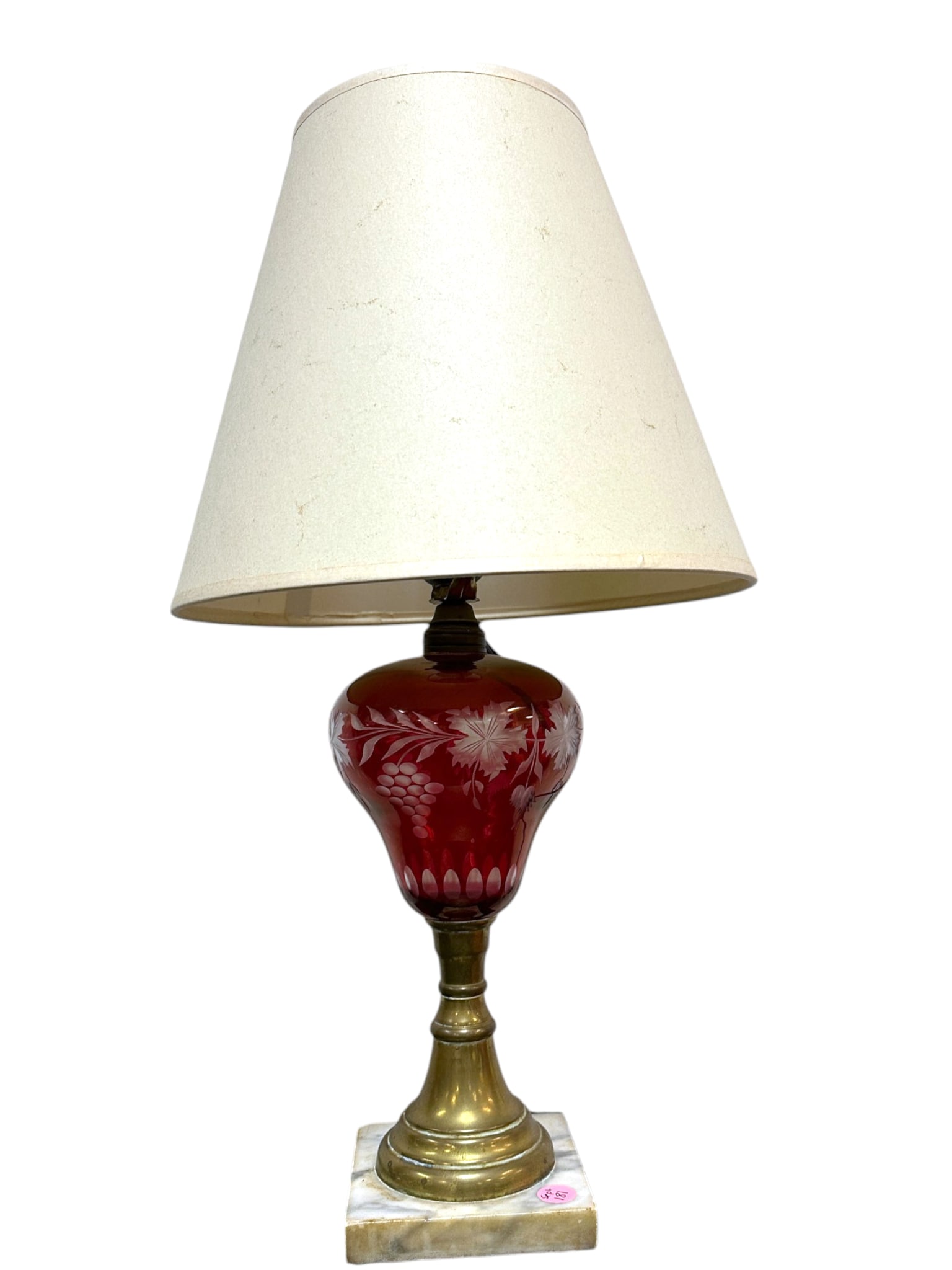 CRANBERRY BOHEMIAN ETCHED GLASS MARBLE BASE LAMP (1 of 4)