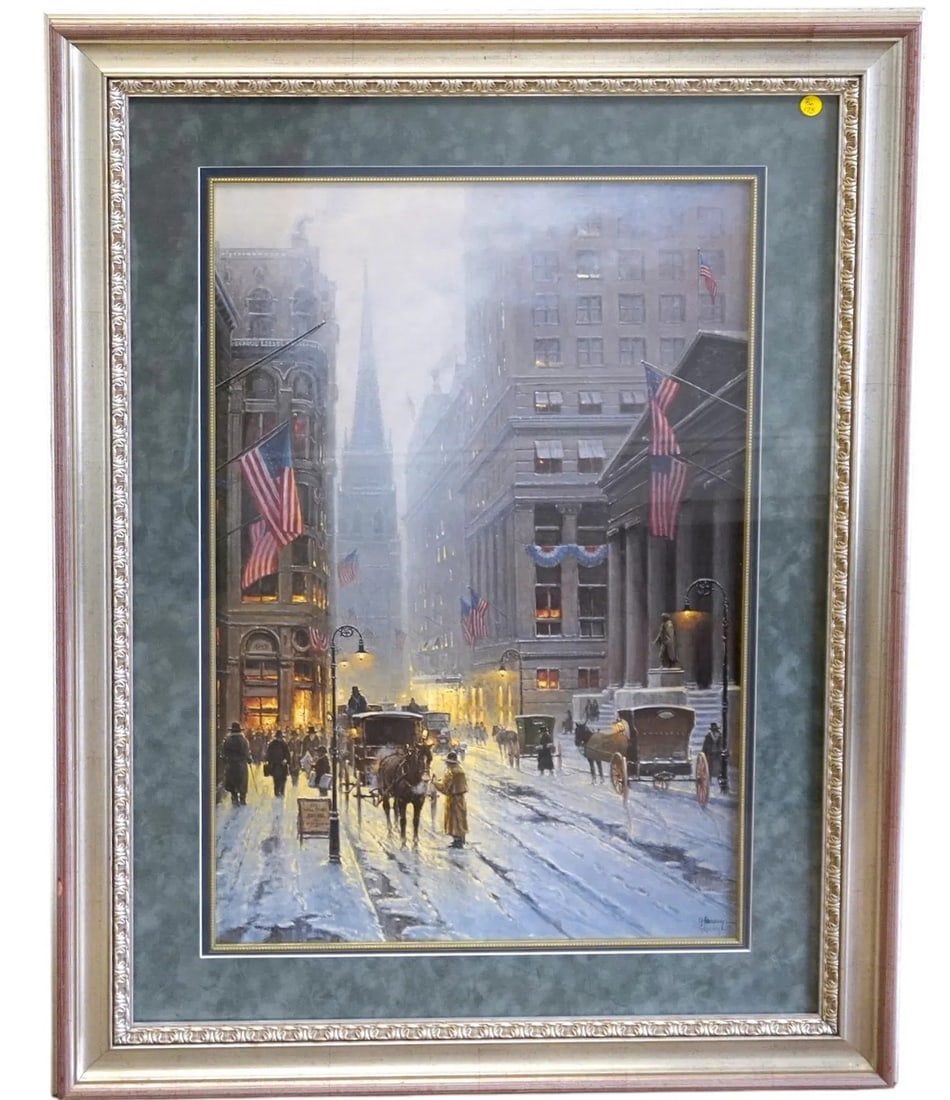 LARGE LTD ED G HARVEY WALL STREET NEW YORK: Large 30 x 20 limited edition signed & numbered 980 (4378 in edition) print of Wall Street during the turn-of-the-century by artist G. Harvey 1989. Professionally framed and matted. In frame