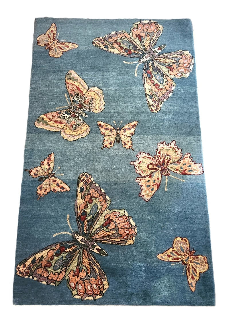IMPERIAL BLUE HAND KNOTTED AFGHAN PESHAWAR RUG: Stunning Imperial Blue Hand Knotted Afghan Peshawar Rug with Butterflues and Moths. Deep, tight pile. Measures 3 ft x 5 ft. Weight 9 lbs