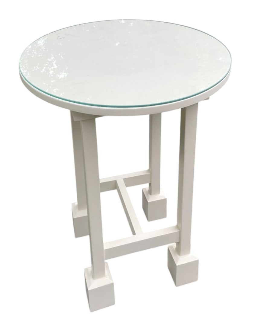 CONTEMPORARY WHITE OCCASIONAL TABLE W GLASS TOP: Contemporary White Occasional Table with Glass Top. Measures 22"x22"x32". **In house shipping available on this lot** If you win this lot, please select self arranged for in house shipping when