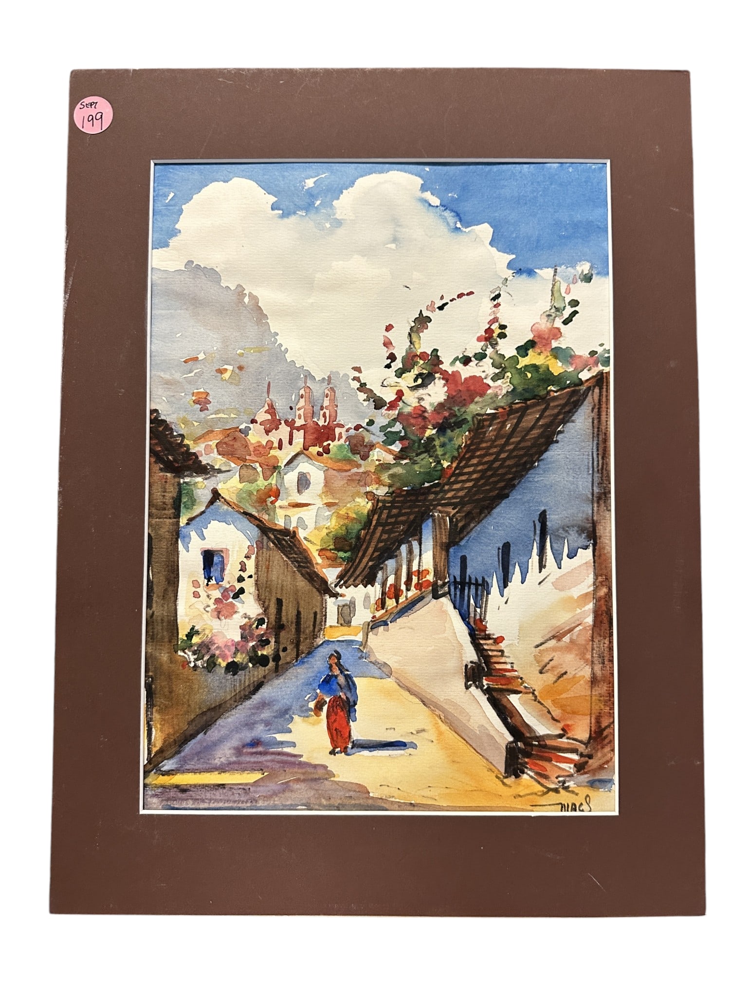 VINTAGE WATERCOLOR MEXICO SIGNED MAGS: Vintage Watercolor Mexico signed Mags. With mat measures 16"x12". Weight 4 oz. **In house shipping available on this lot** If you win this lot, please select self arranged for in house shipping when
