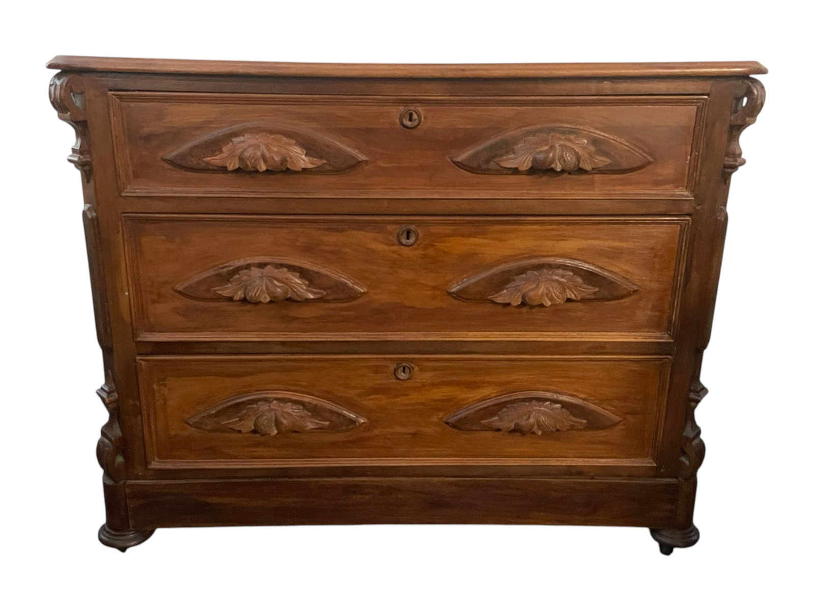 ANTIQUE SOLID WALNUT EASTLAKE DRESSER: Antique American Eastlake Solid Walnut 3 Drawer Dresser with Carved Leaf Drawer Pulls. Provenance: A Washington DC Private Estate. **In house shipping available on this lot** If you win this lot, plea