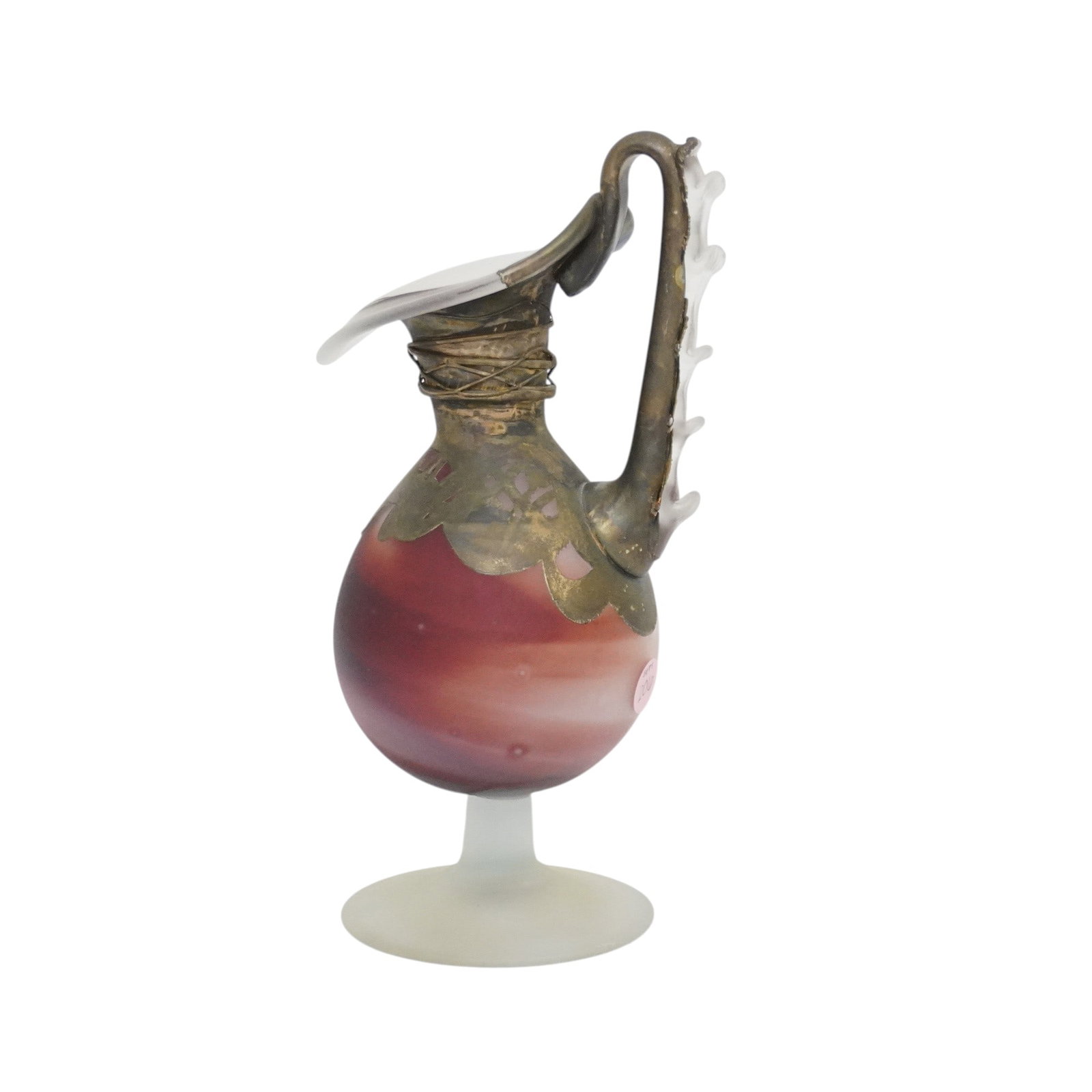 CONTEMPORARY FROSTED ART GLASS EWER: Frosted Art Glass Ewer with Metallic/Metal Overlay/Accents. Measures approx. 10.5" x 5" x 4.25" and weighs 1 lb 13 oz. . **In house shipping available on this lot** If you win this lot, please select