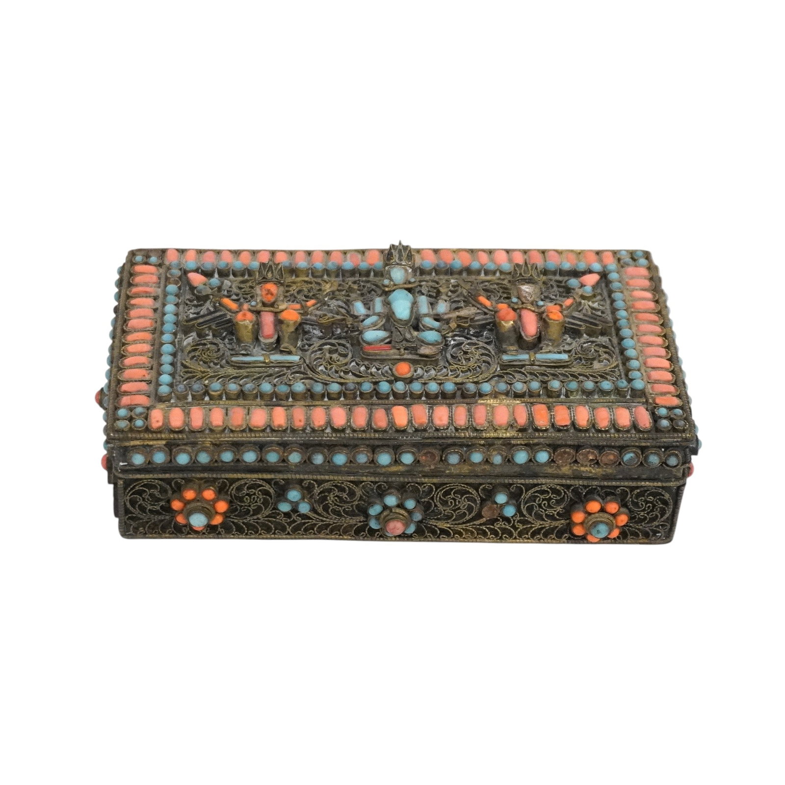 ANTIQUE TIBETAN GILT AND STONE PRAYER BOX: Antique Tibetan Gilt Metal Prayer Box. Has hinged lid with turquoise & coral accents. Measures approx. 5.75" x 3" x 1.5" and weighs 10.8 oz. **In house shipping available on this lot** If you win this