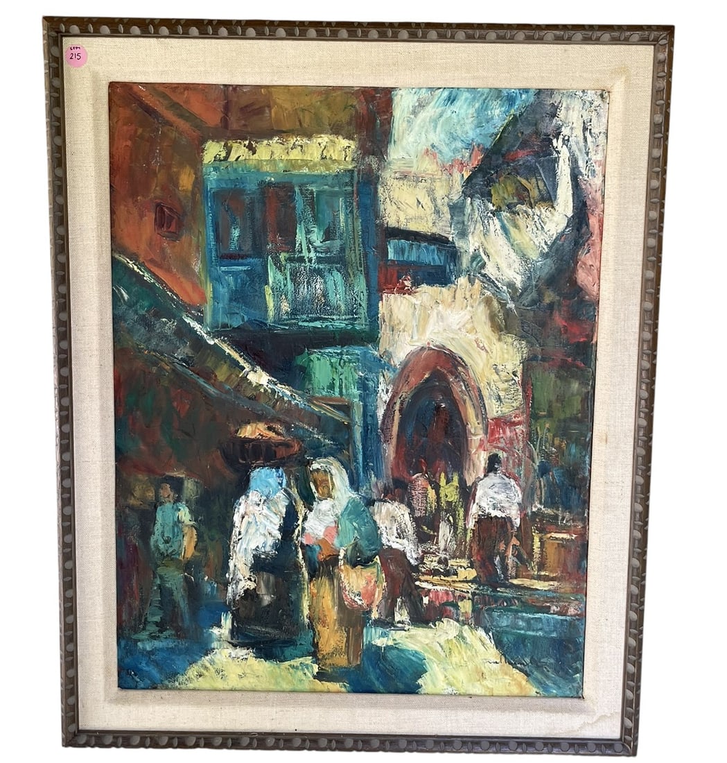MID CENTURY OLD CITY JERUSALEM OIL ON BOARD: A vintage mid century oil on board painting of an outdoor market in Old City, Jerusalem. Signed illegibly in lower right. Features carved wooden frame and beige canvas mat. Measures approx. 27.5" x 22